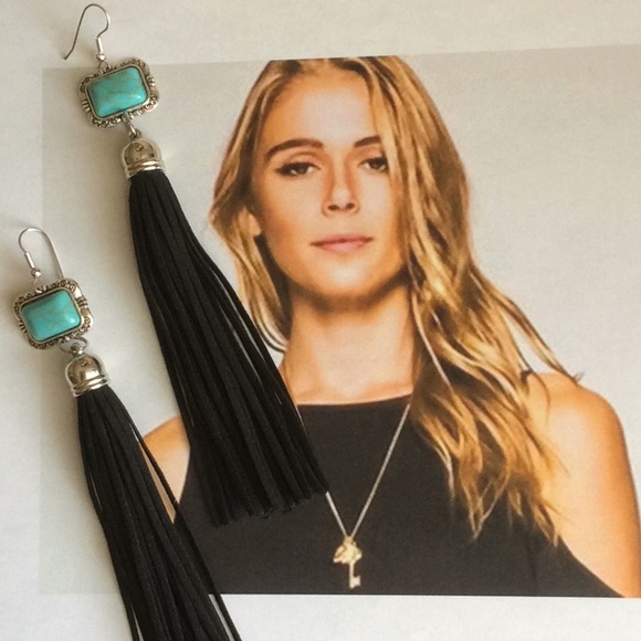 Turquoise & Leather Tassel Earrings - Picture 3 of 7